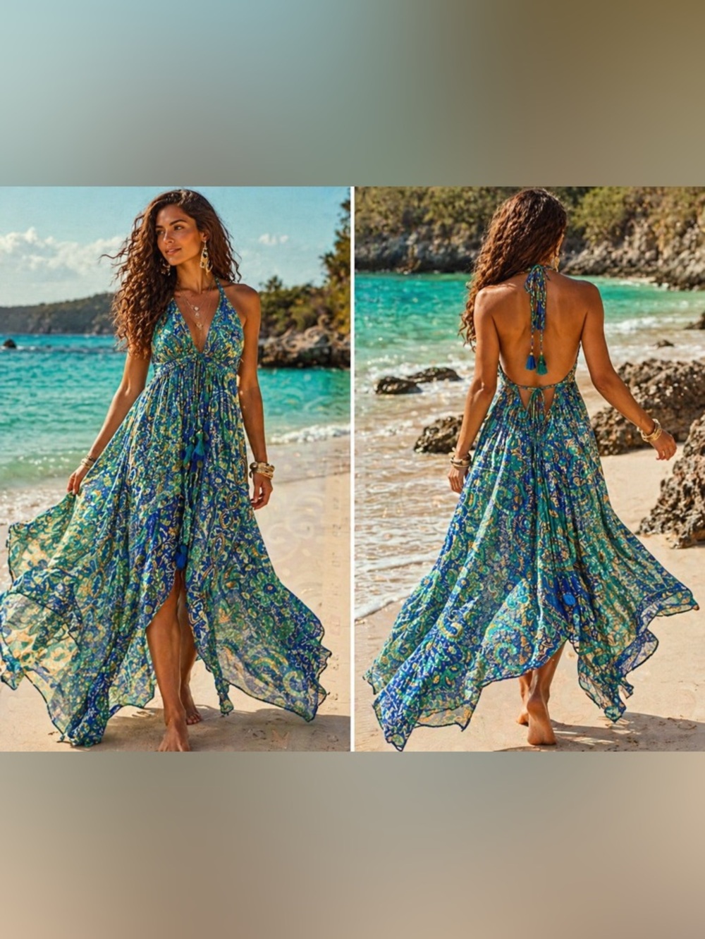 Boho Silk Halter Flowy Maxi Dress Blue Green Paisley Open Back Beach Vacation